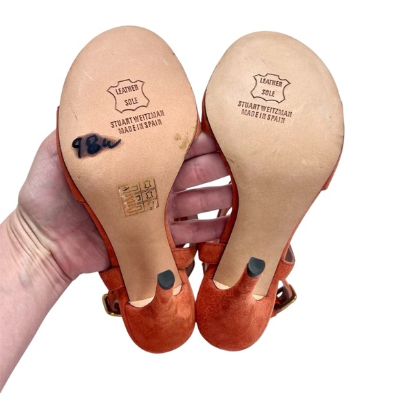 Stuart Weitzman Burnt Salmon Coral Suede Open Toe French Cuff Stiletto Heels - Picture 10 of 11